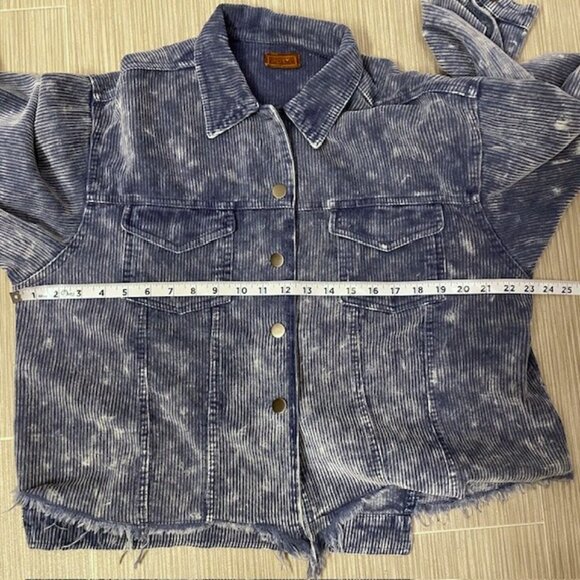 NWOT POL Distressed Corduroy Shacket Shirt Jacket Blue Raw Hem Button Down Large - Picture 15 of 16